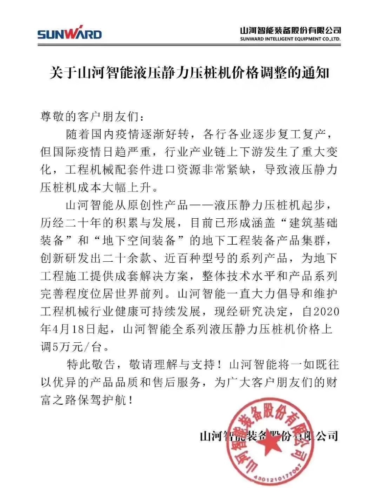 关于尊龙凯时ag智能液压静力压桩机价钱调解的通知